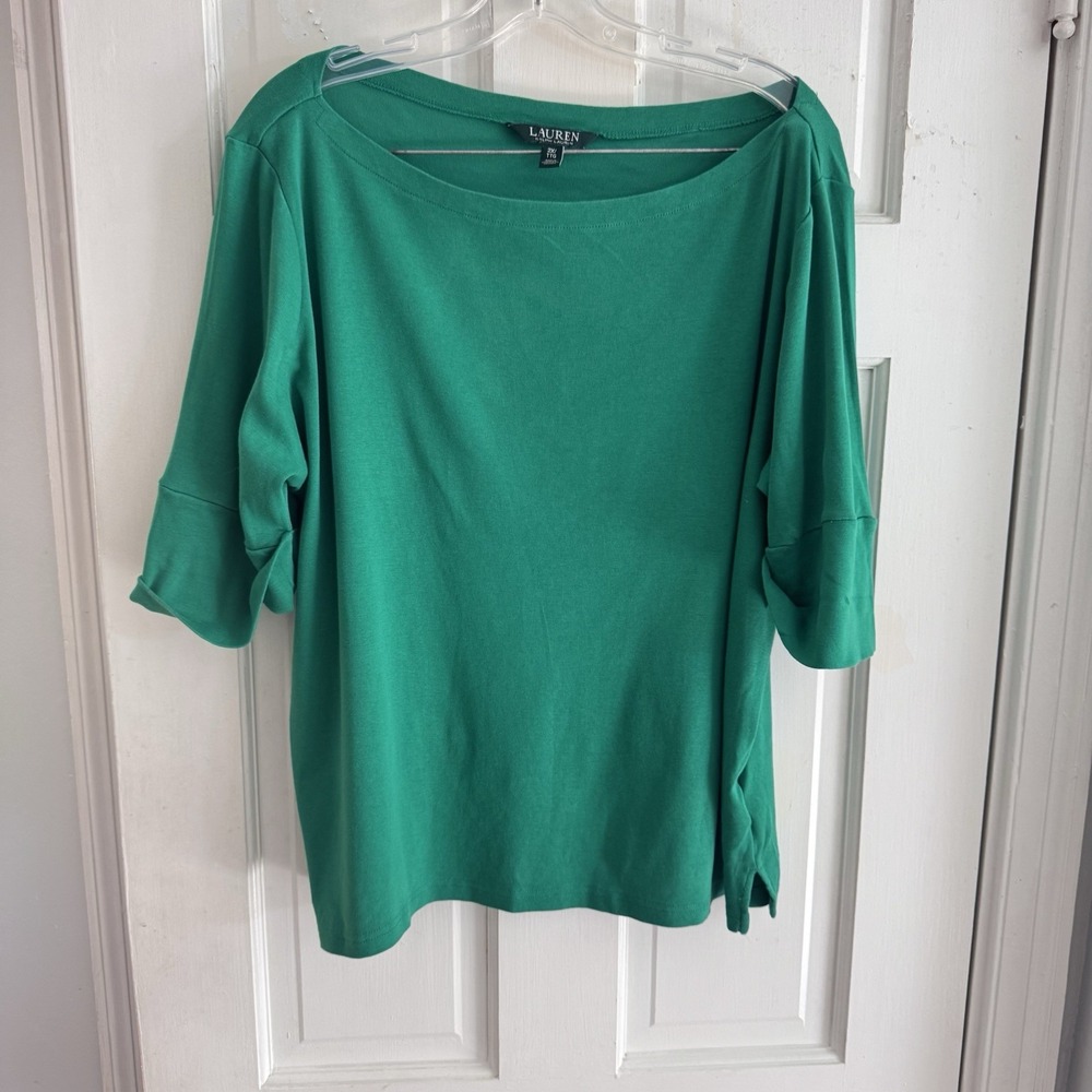 Lauren Ralph‎ Lauren Classic Knit Top Green Color Cuff Sleeve 100%Cotton.Size 2X